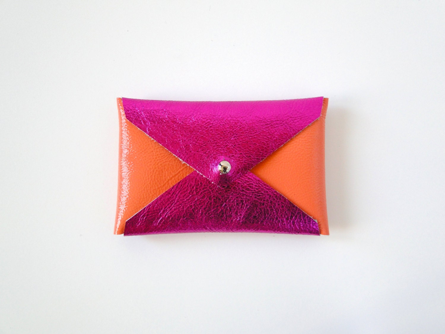 Leather Business Card Case or Wallet - Fuchsia and Patent Coral Colorblock