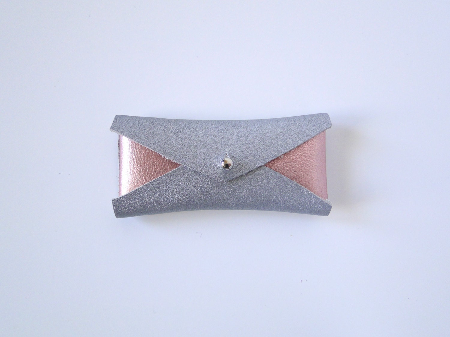 Leather Mini Business Card Case - Silver and Metallic Pink Color Block