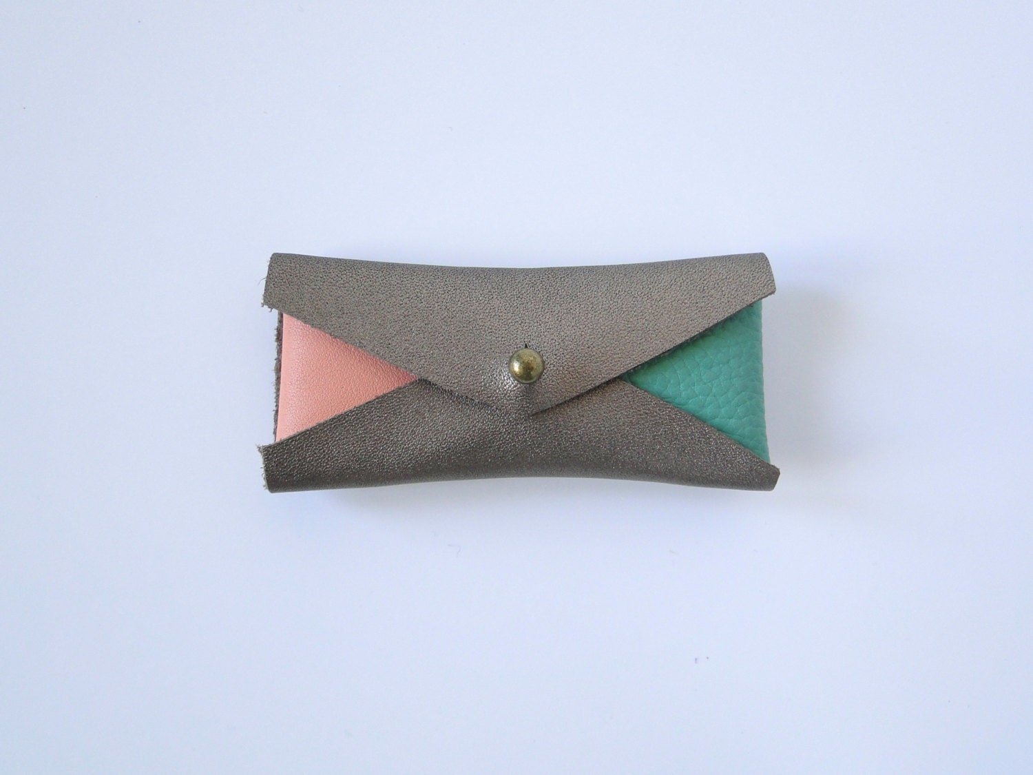 Leather Mini Business Card Case - Bronze, Peach, and Teal Color Block