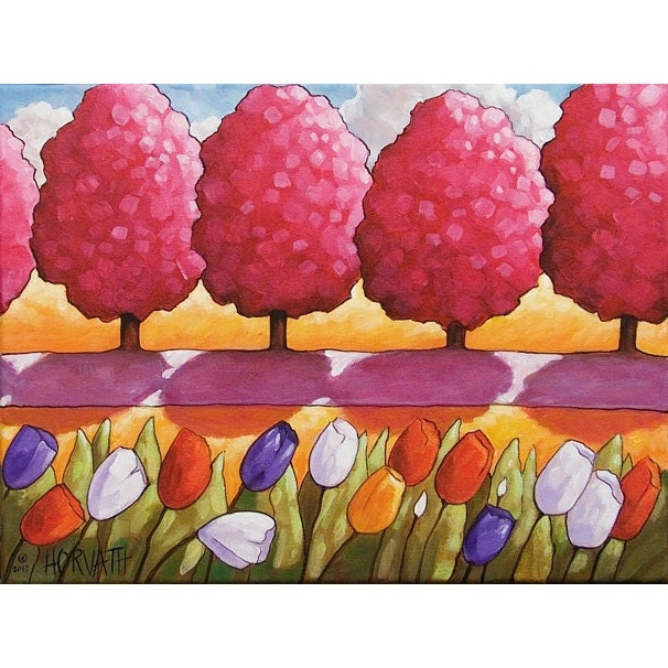ORIGINAL PAINTING Folk Art Pink Trees Spring Flower Landscape Abstract Colorful Contemporary Floral Tulips Fine Artwork C. Horvath 12x16