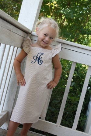 Khaki seersucker dress with monogram by Gigibabies