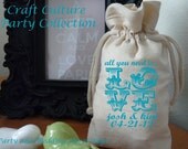 Wedding Favor Bags-12 Custom Medium Party Favor Gift Bag- All You Need Is Love-Name-Date-Cotton Muslin Gift Bag-Personalized-4.5 x 7 x 1.5