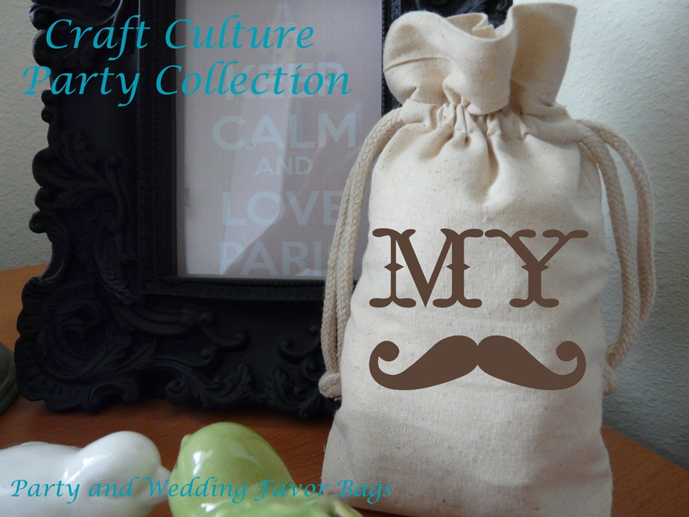 Wedding Favor Bags-12 Medium Party Favor Gift Bag- My Stache-Mustache Cotton Muslin Gift Bag-4.5 x 7 x 1.5