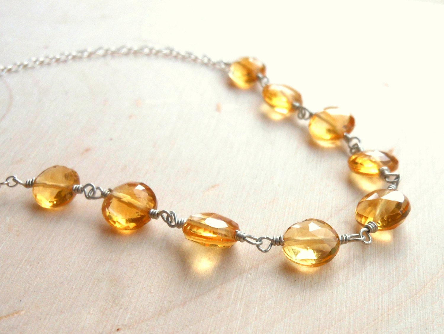 Citrine Necklace Gemstone Jewelry, Honey Amber Sterling Silver Wire Wrapped Strand Necklace