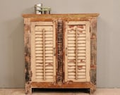 CLEARANCE Item Reclaimed Indian Distressed Cream and Green Shutter Sideboard Storage Cupboard Media Stand