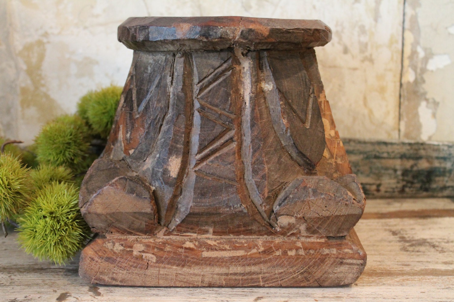 SALE Corinthian Distressed Handcarved Antique Indian Column Candle Stand