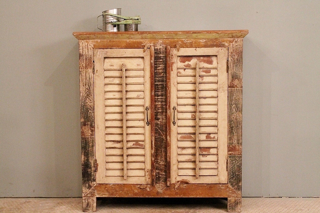 Reclaimed Indian Distressed Cream and Green Shutter Sideboard Storage Cupboard Media Stand