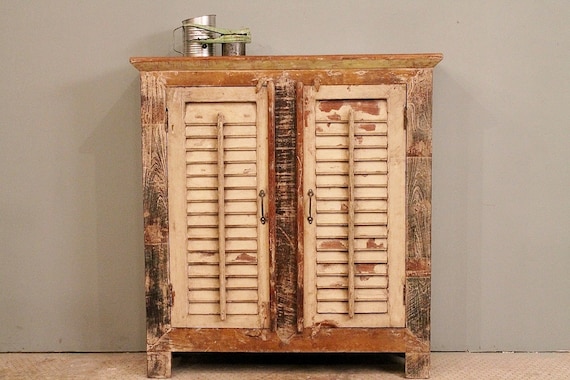 Reclaimed Indian Distressed Cream and Green Shutter Sideboard Storage Cupboard Media Stand