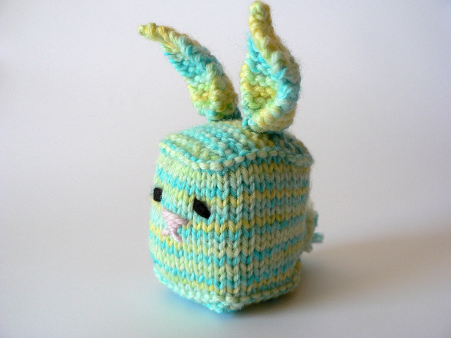 Handknit Cuddly Cube Toy Bunny-Blue&Yellow