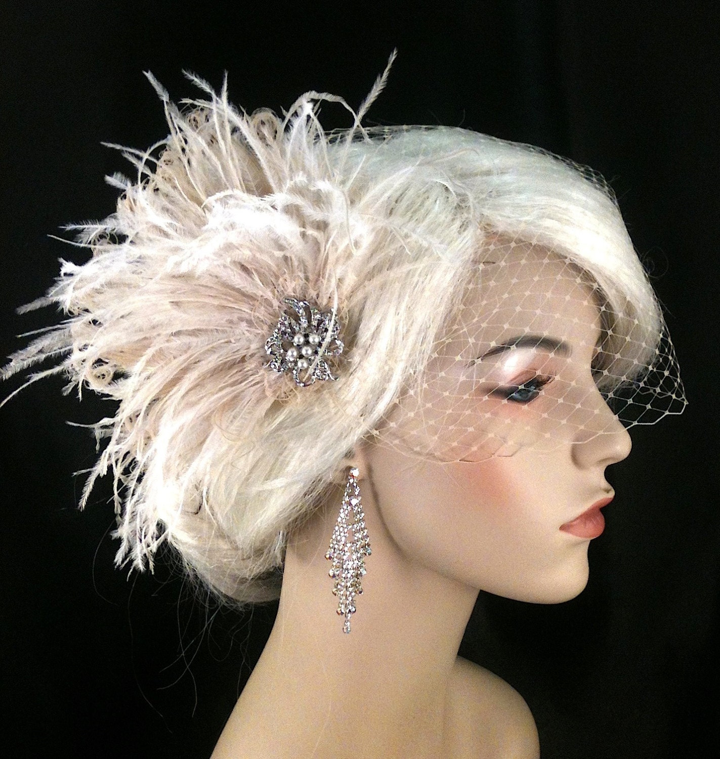 Wedding Bridal Fascinator, Bridal Fascinator, Feather Fascinator , Wedding Veil, Bridal Headpiece - Champagne The Couture Bride, Brooch