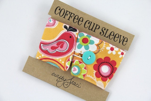 Reversible Coffee Cup Sleeve - Paisley Flowers and Bird - Ready to Ship