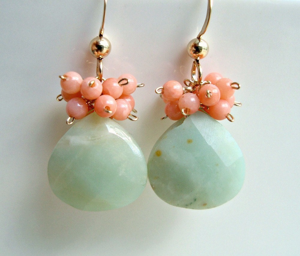 Peach Coral Amazonite Earrings, Peach Mint Earrings, Mint Coral Earrings, Aqua Peach Dangle