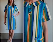 RESERVE  //  Peter Pan Collar Dress  /  Vertical Stripes Retro Gold Blues Short Sleeve Shift Dress  /  Medium M Large L