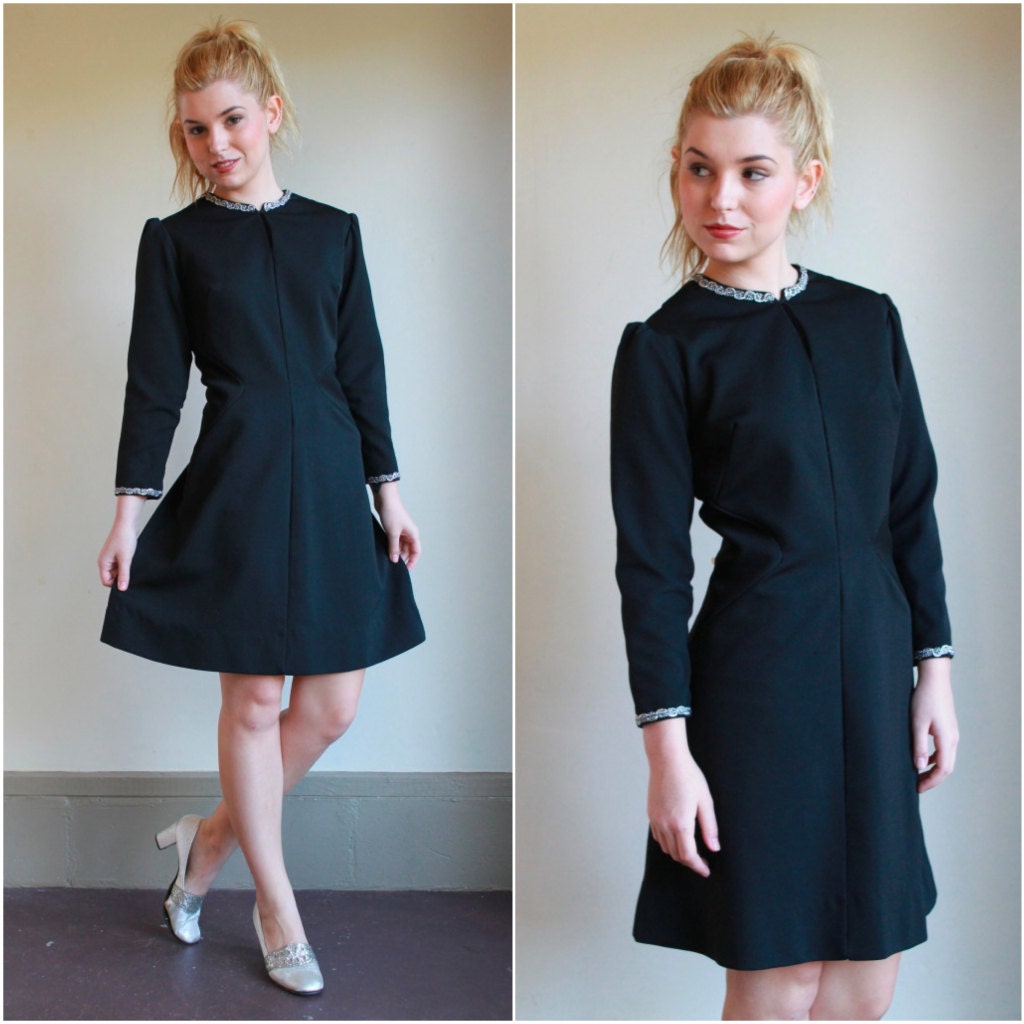 Vintage 60s Dress  /  Black Cocktail Party Dress  /  Mini Evening Princess Dress With Silver Lining  /