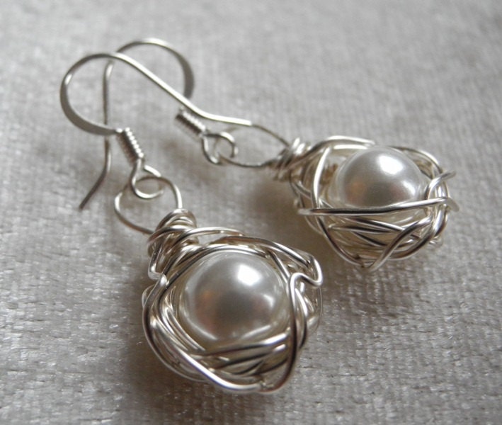 Bird Nest Earrings with 8mm White Shell Pearls