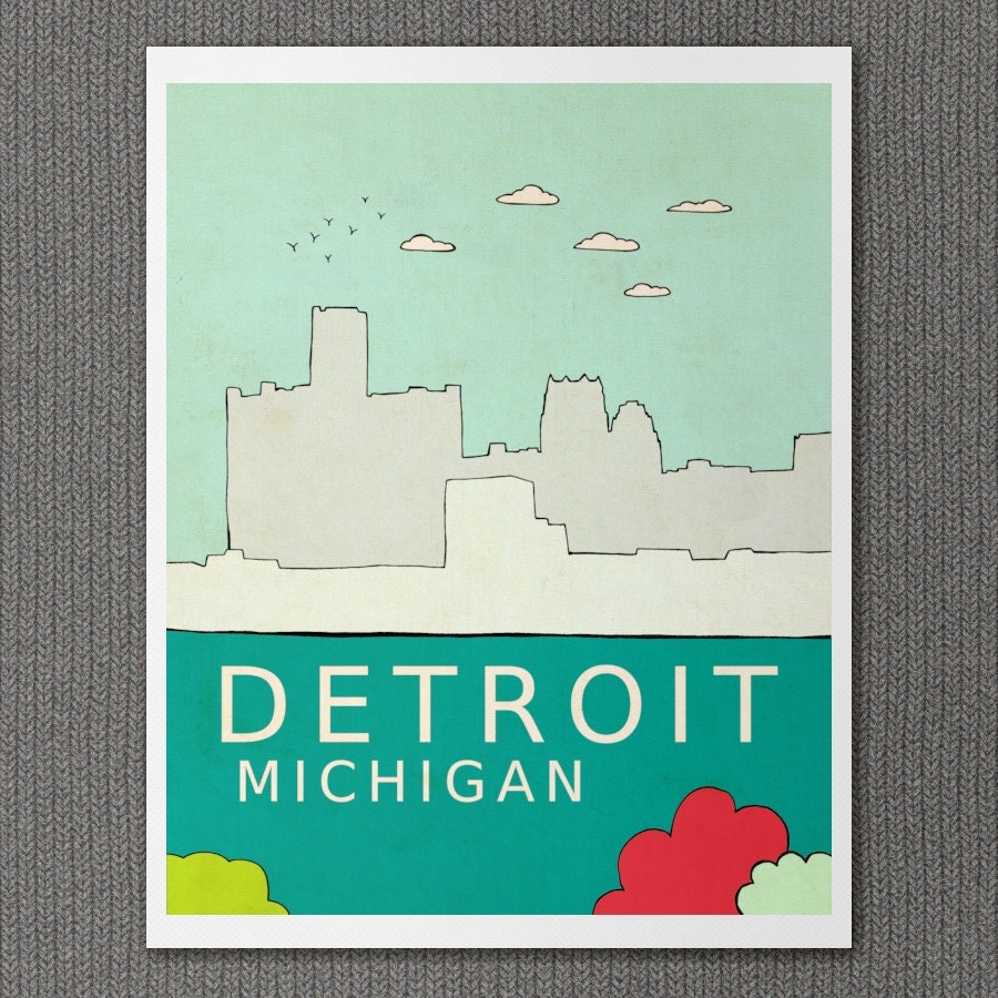 Typography Poster Children Home Decor Wall Art Poster Print - Detroit Michigan - 8 x 10 Travel City Skyline Giclee Art Poster