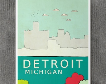 Typography Poster Children Home Decor Wall Art Poster Print - Detroit Michigan - 8 x 10 Travel City Skyline Giclee Art Poster