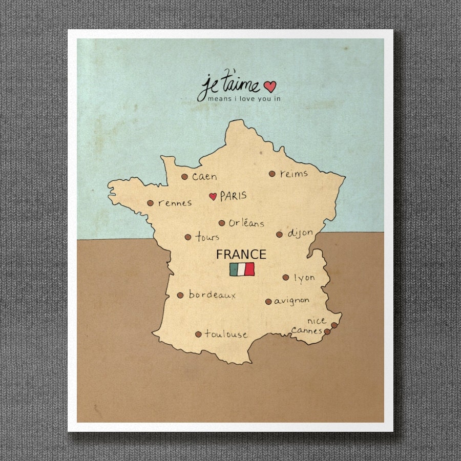 I Love You in France 12x16 / Trendy Modern Nursery Decor, LARGE Art Poster, French Map, Typography Print, Giclee, Travel Theme, Map, Digital