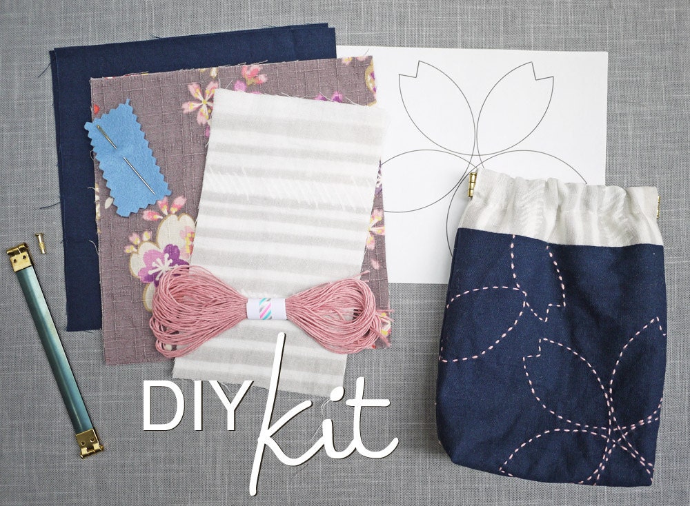 Cherry Blossom Sashiko Embroidery Kit: Flex Frame Squeeze Pouch
