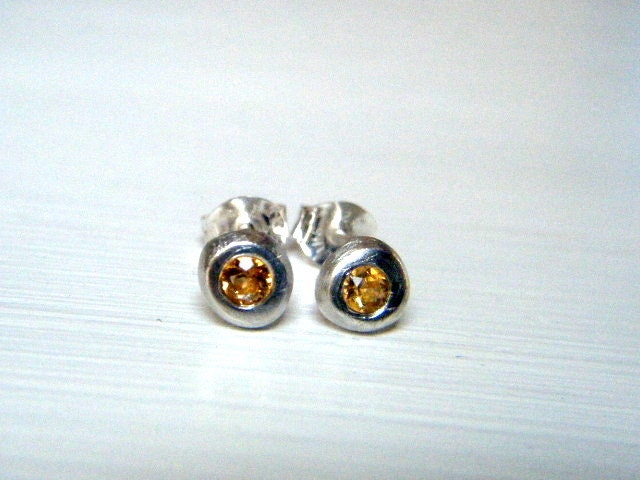 Organic Citrine and Sterling Silver Stud Earrings Eco Friendly