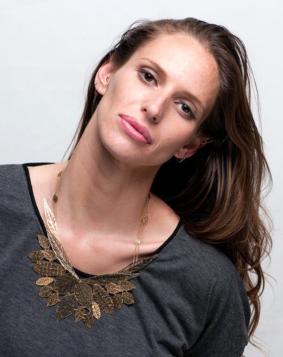 24 karat yellow gold plated leaf necklace, statement leaf necklace