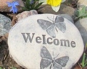 Gardening decorations - Gift for her - Welcome carved in GARDEN STONE with butterflies - handmade ceramic  BRICK sign