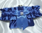 Flask Garter - Royal Blue Satin Flask Garter with Royal Blue  Bow and Crystal Charm -  3 oz Stainless Steel Hip Flask Included