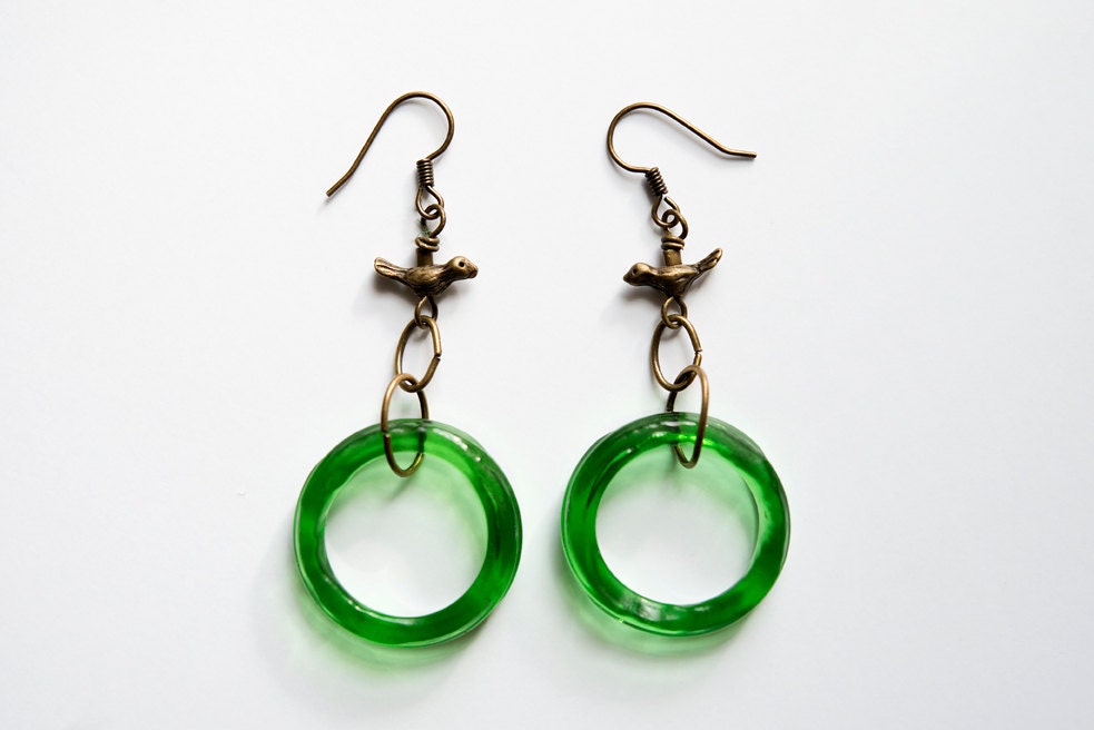 Yuengling Beer Circle Earrings with brass birds