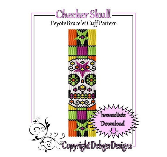 Checker Skull - Beaded Peyote Bracelet Cuff Pattern