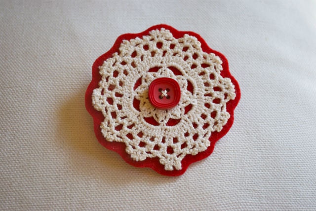 Upcycled Eco, Vintage Crochet Doily Jewellery, Felt Brooch, Ruby Red, Button