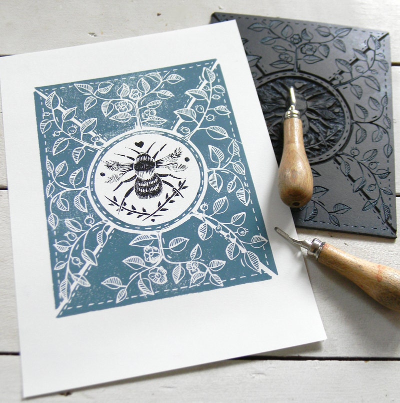 Little Bee (Pale blue grey and black) Original lino cut print