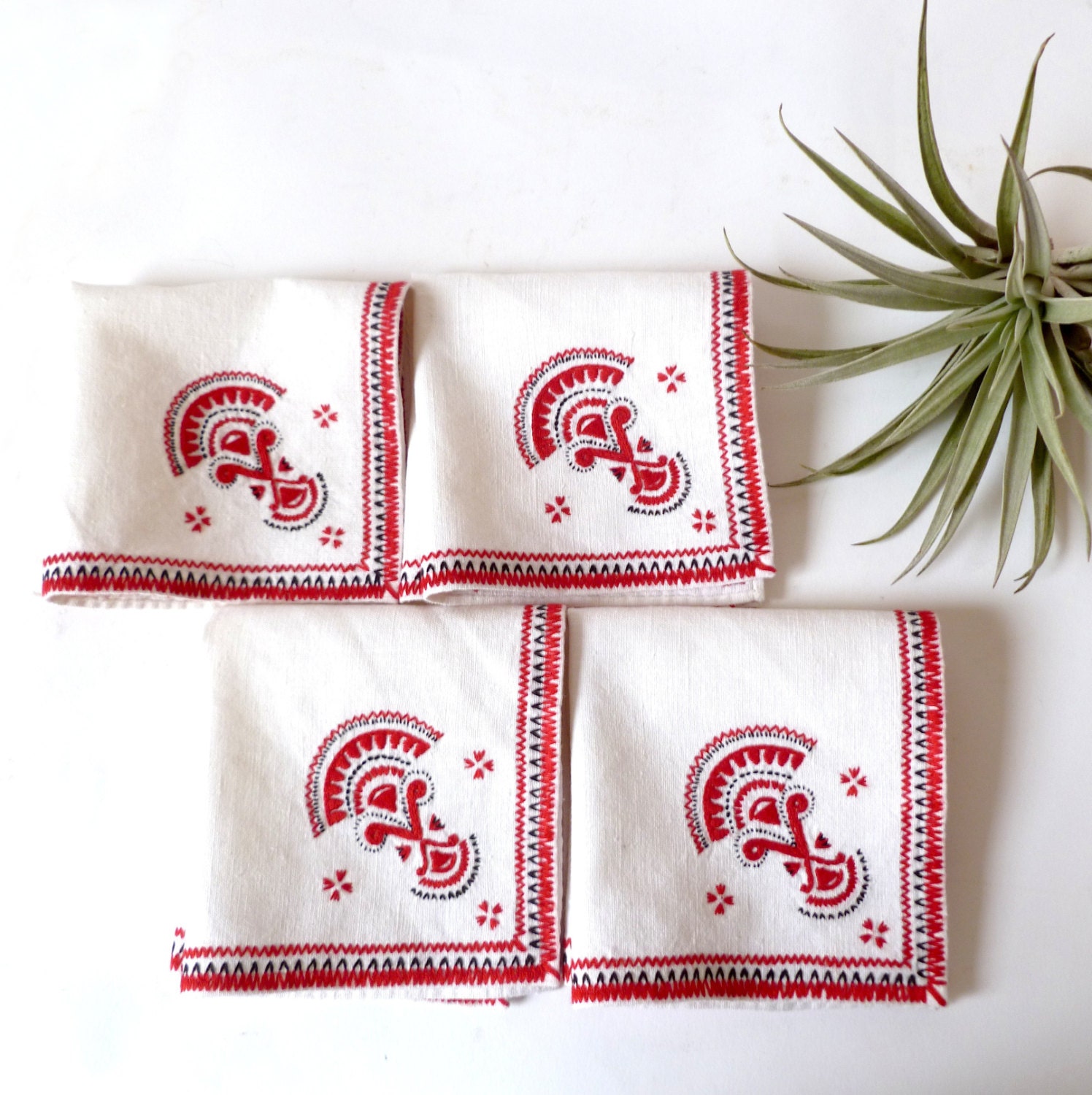 Set of Vintage Embroidered Linen Cocktail Napkins ... Red and Black, Aztec Motif, Tea Napkins, Small Napkins