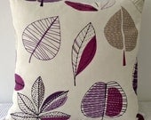 Retro autumn leaves in white with detail in shades of purple cushion cover, slip cover, decorative cushion