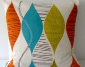 Retro waves in orange, turquoise, green and red on cream background cushion cover, contemporary designer slip cover, throw pillow