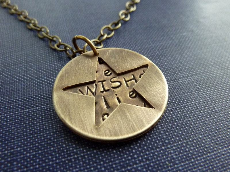 Star Necklace Metal Stamped Inspirational Words Wish Believe Dream Customized Personalized Layered Brass