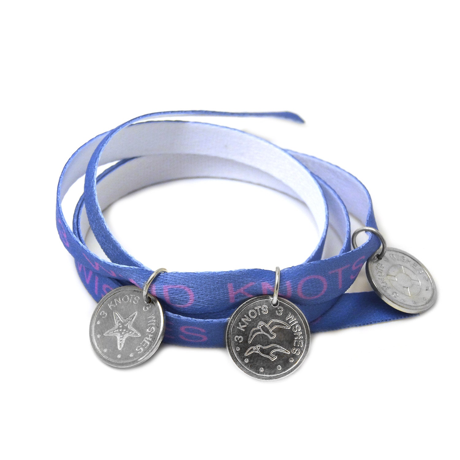 Light blue wristband- sea gulls, life belt and sea star sterling silver 925 pendant on satin ribbon