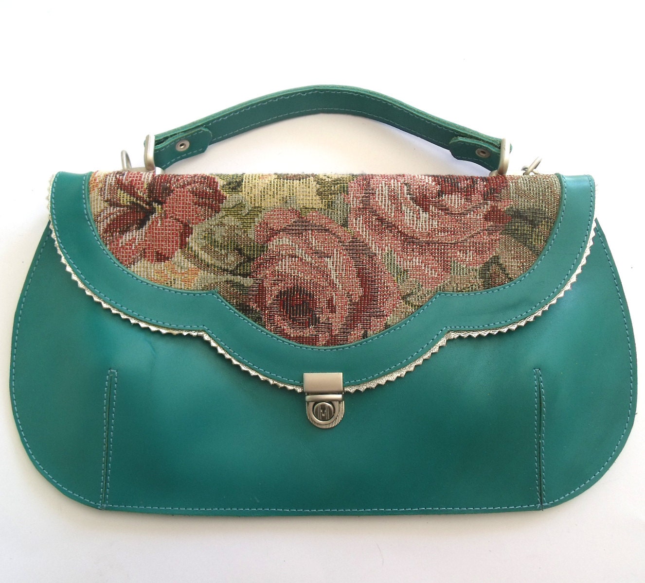 Winter Sale - Turquoise leather purse with flowers