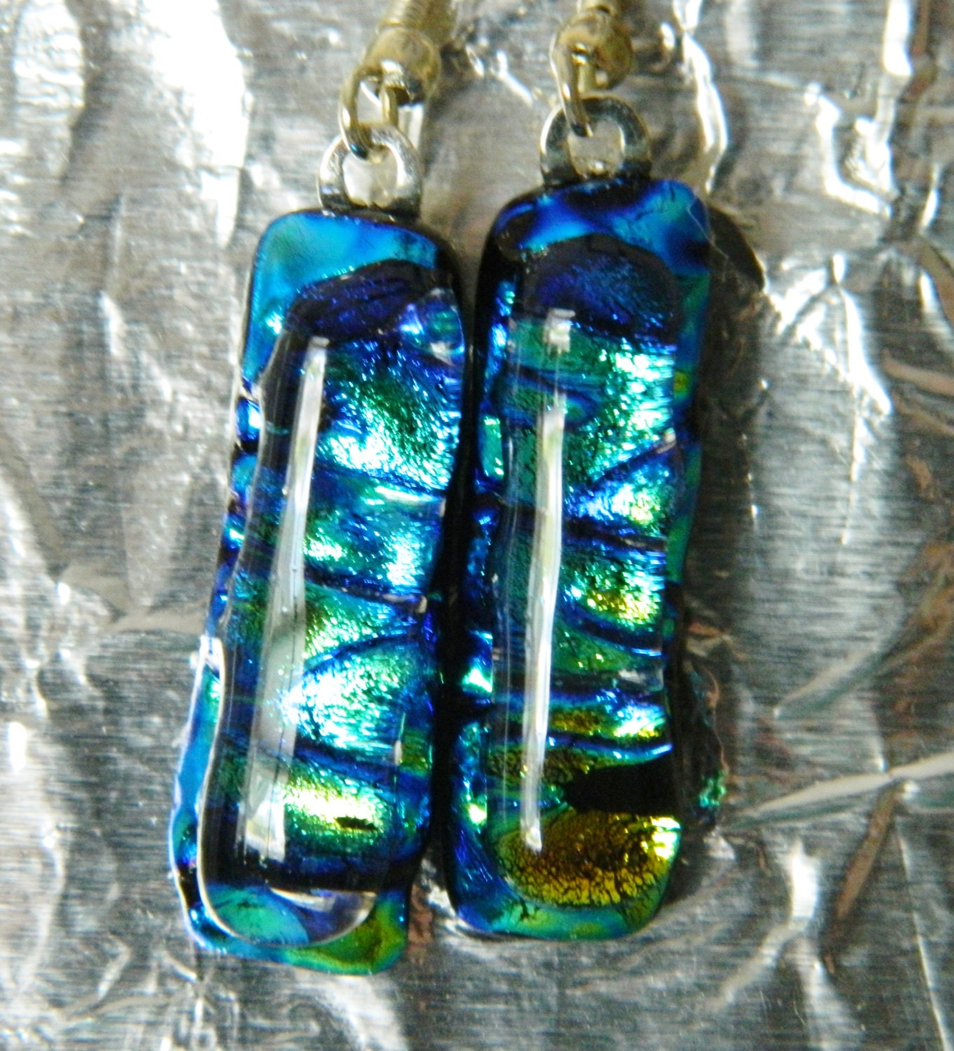 Fused Sapphire and Gold Dichroic Glass Long Dangle Earrings