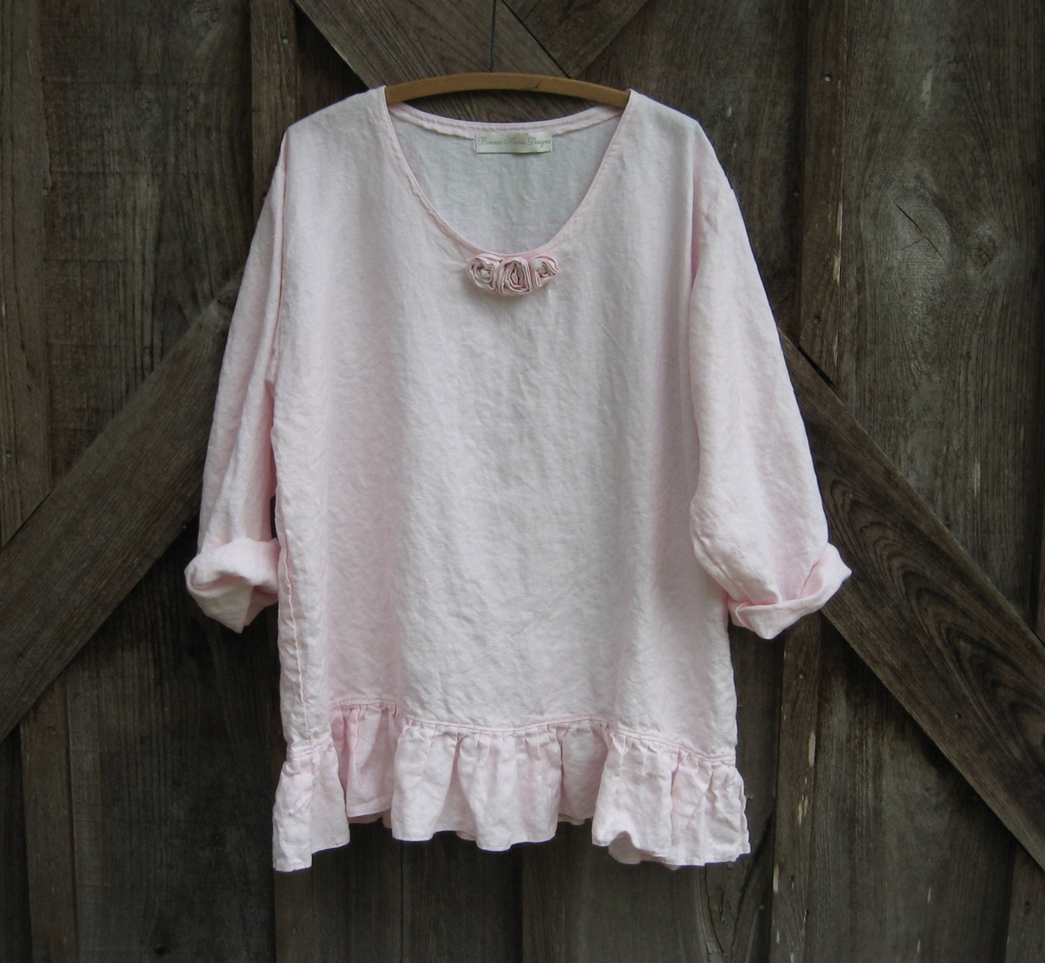linen top blouse with roses in blush pink