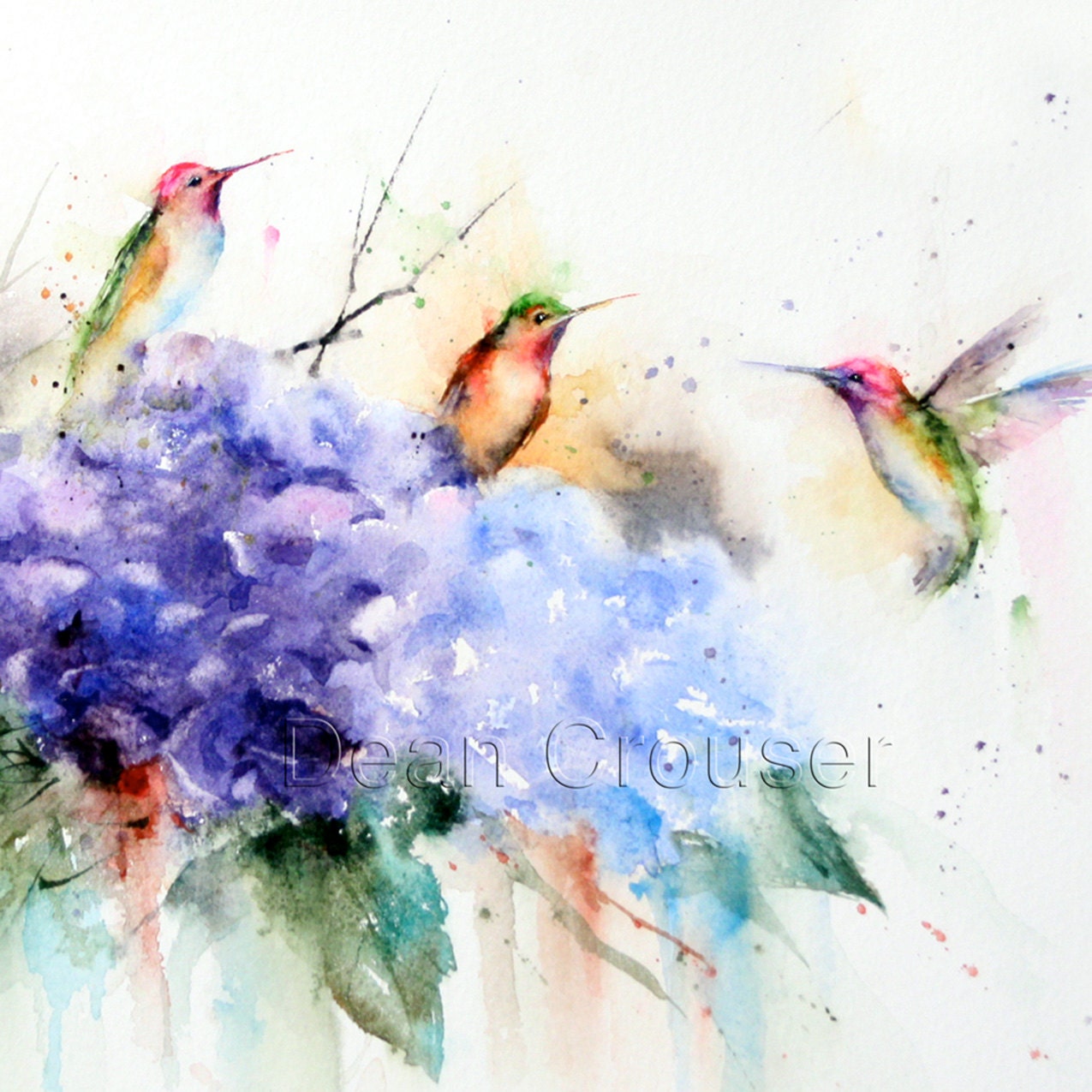 HUMMINGBIRDS & FLOWER Original Watercolor Painting by Dean Crouser
