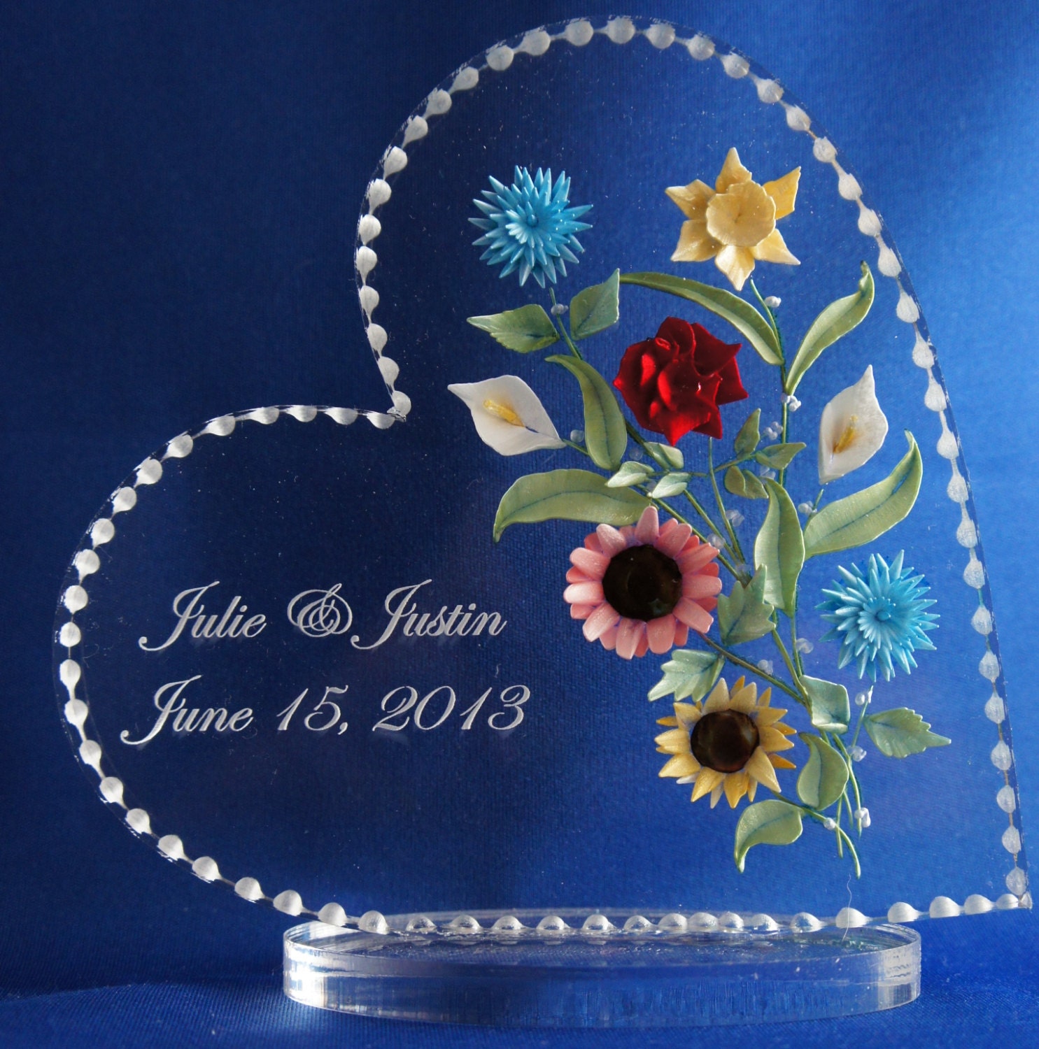 3D etched life like real looking flowers hand carved, personalized and engraved for unique wedding cake topper or gift keepsake