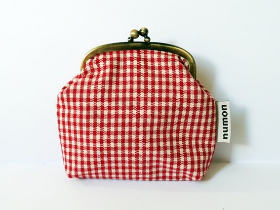 Clip Coin Purse -  Deep Red Checked Fabric - Small Size in Cotton Fabric