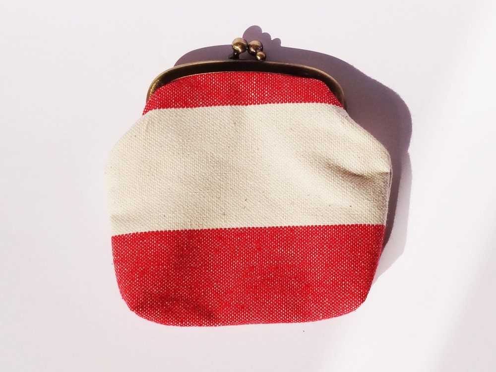 Clip Coin Purse -   White Red Striped - Small Size in Cotton Fabric