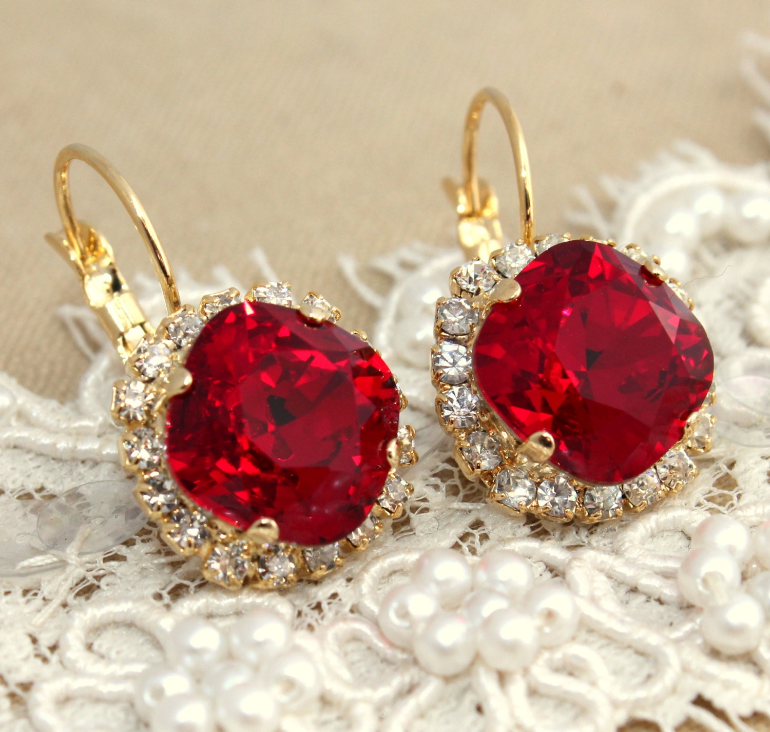 Red Ruby hook earrings  Crystal - 14 k plated gold earrings real Swarovski rhinestones .