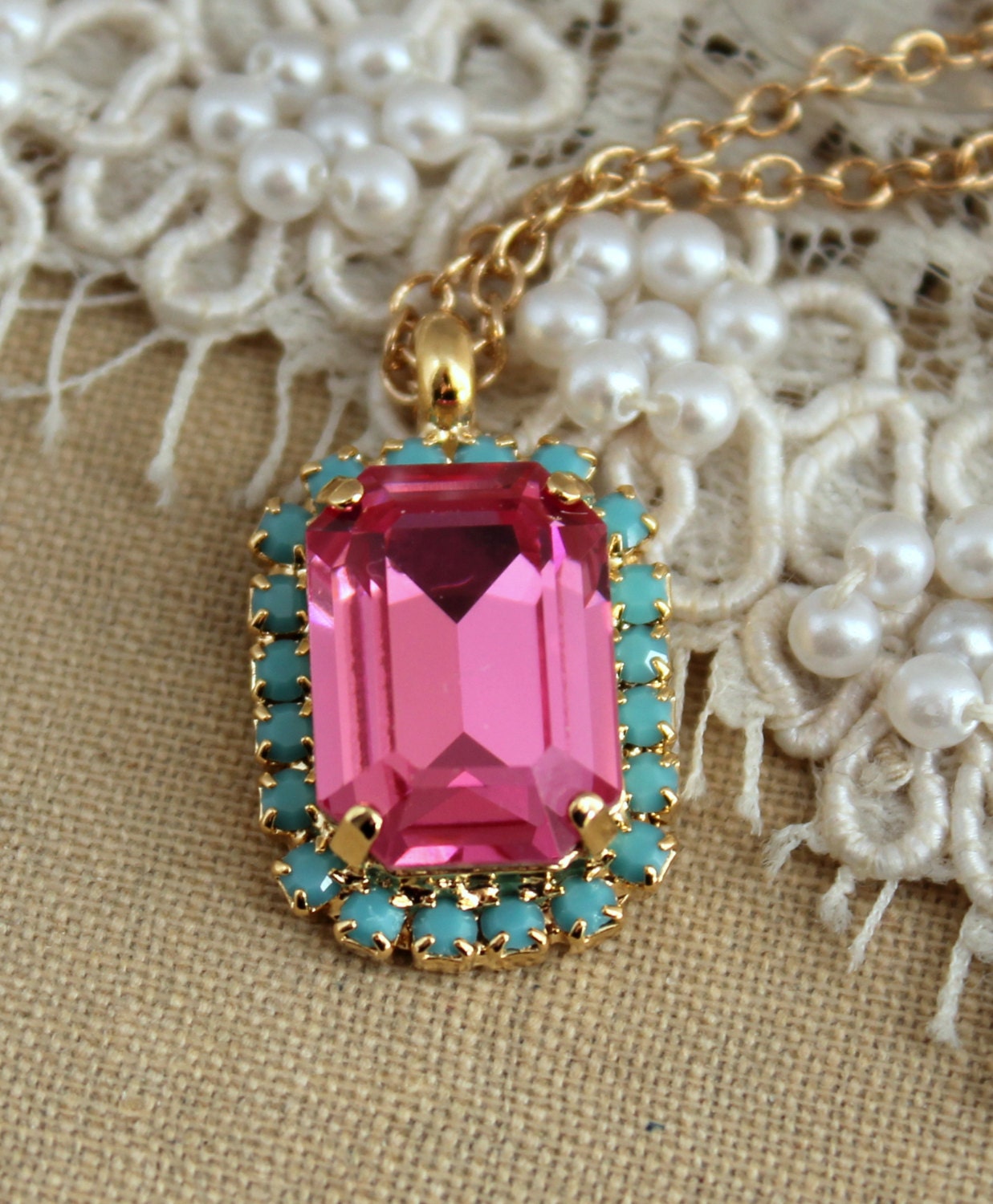 Pink aqua Turquoise Crystal necklace,bridesmaids,Bride jewelry - 14 k gold filled necklace with 14 k plated pendent.