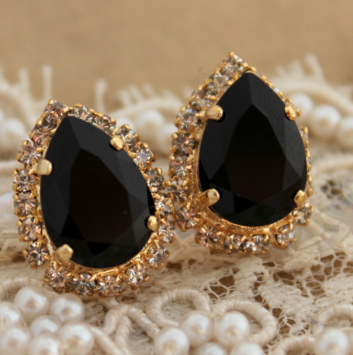 Black and gold Crystal big teardrop stud earring - 14k plated gold post earrings real Swarovski rhinestones .