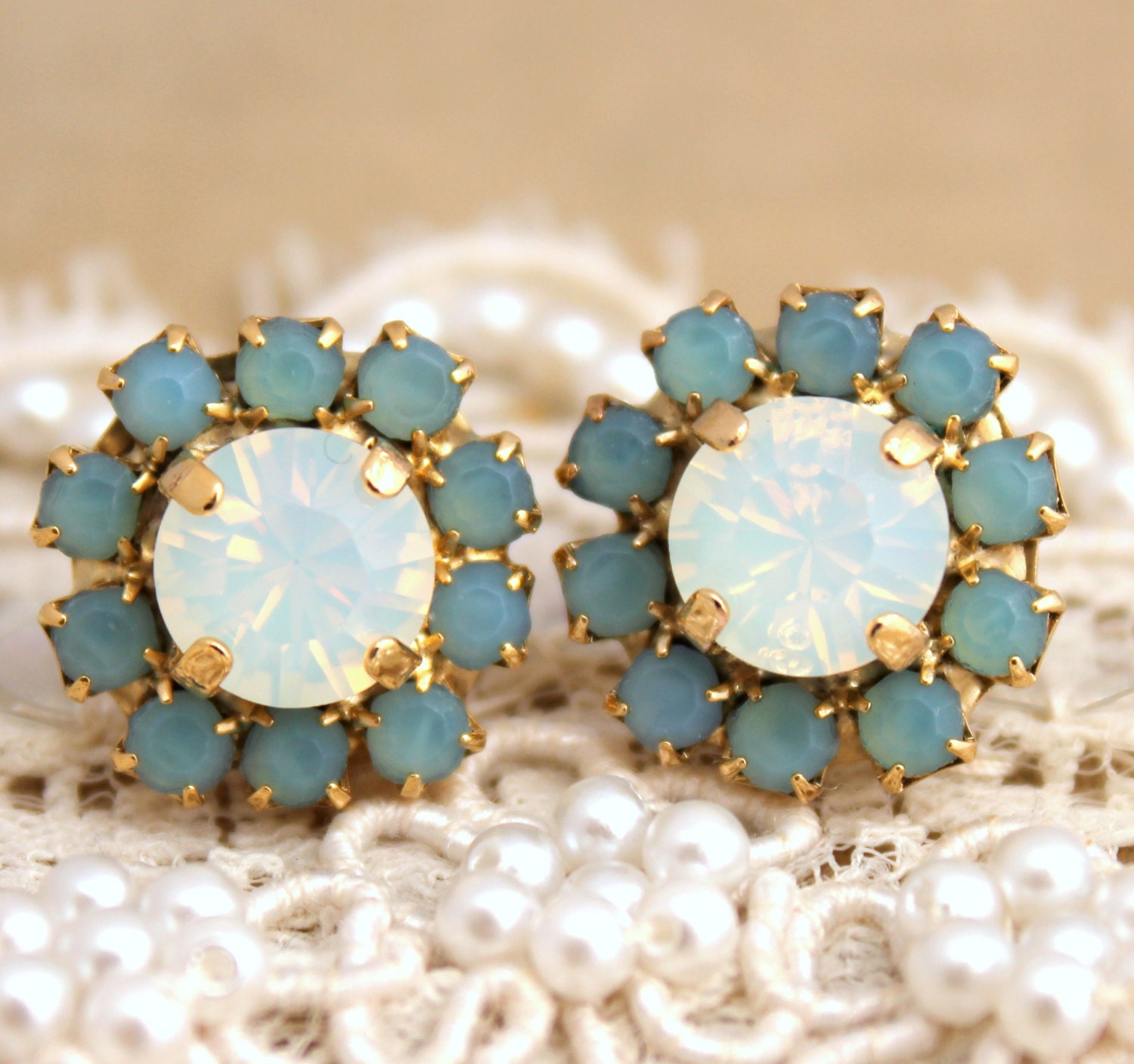 Stud earring Aqua blue sea foam white opal Summer Spring collection  2013 - 14 k plated gold post earrings real swarovski rhinestones.