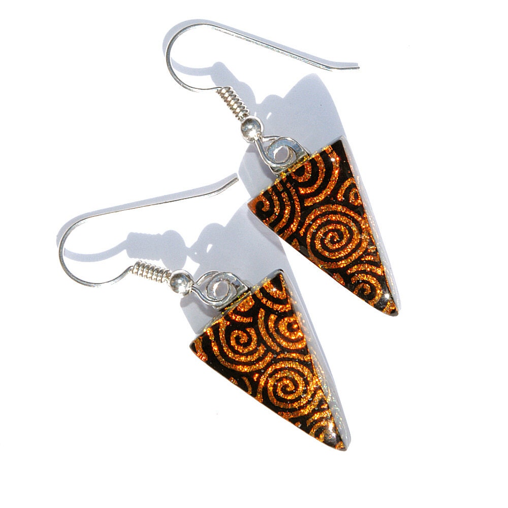 Dichroic Glass Earrings, Fused Glass Jewelry, Sterling Silver Ear Wires, Autumn, Warm, Dark Orange, Swirls, Rustic, Fire (Item 30467-E)