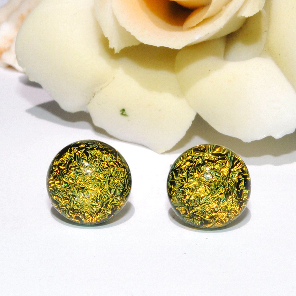 Petite Dichroic Glass Studs - Fused Glass Jewelry, Post Earrings, Surgical Steel - Golden Yellow, Summer Fun  - 5/16" 8mm (Item 30555-E)
