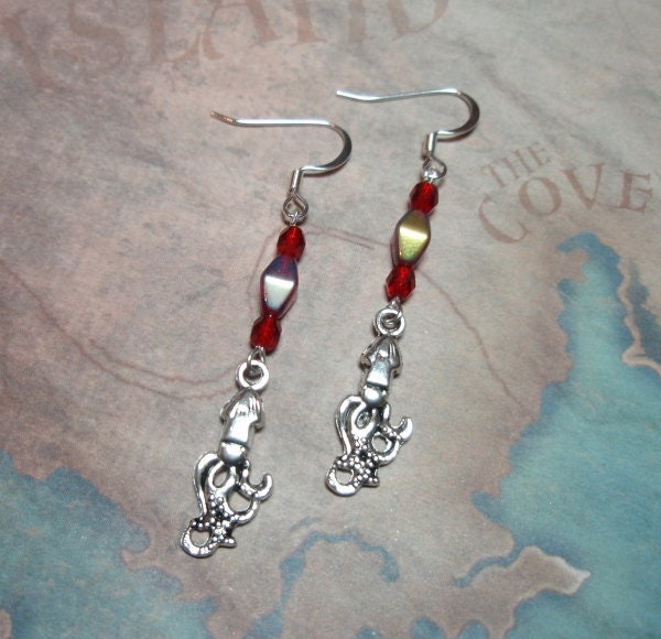 Ruby Red Squid Earrings - Ceramic Beaded Squid Charms